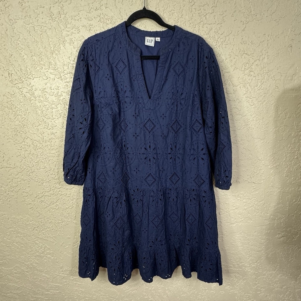 GAP Women's All Over Eyelet Shift Dress Navy Blue XL  Pockets Dark Cottagecore